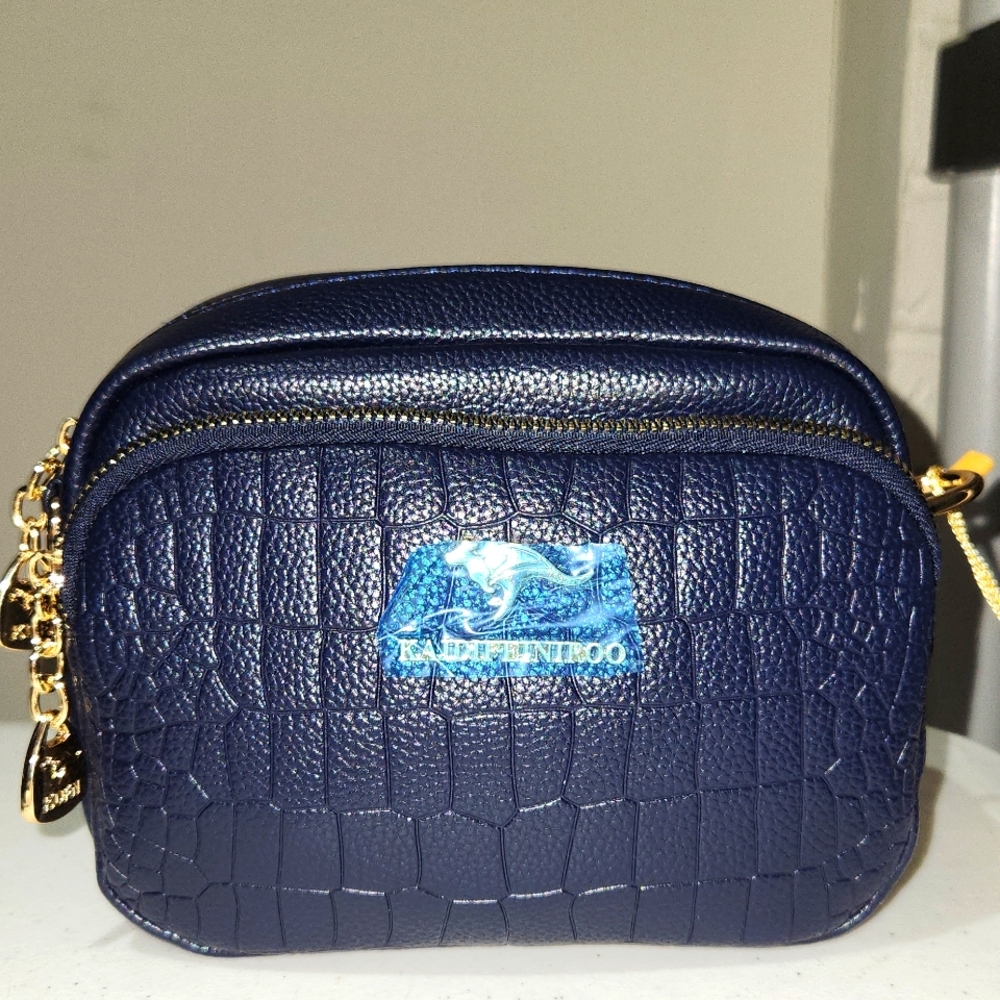 New Beautiful Indigo Blue Croc embossed vegan leather camera bag crossbody strap
